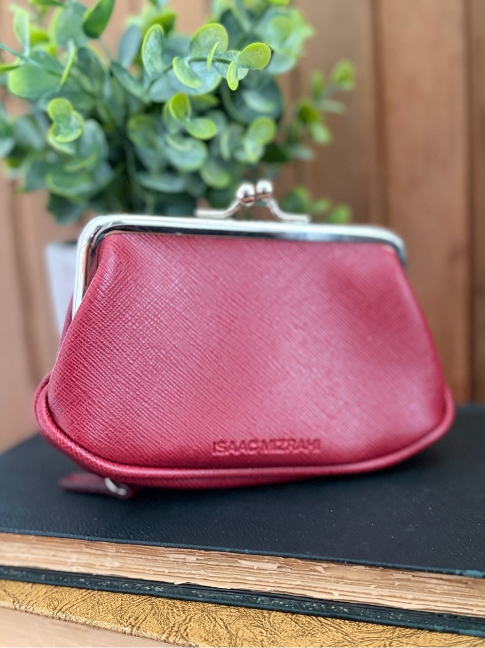 Isaac Mizrahi Burgundy Red Leather Kiss-Lock Coin Purse, with Hidden Pocket